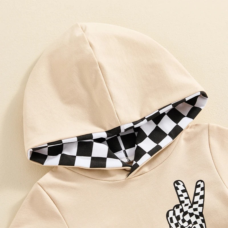 さらっと軽やかに夏コーデが完成する 男の子フーディー上下セット 半袖フードトップス＆ショートパンツ チェッカー柄アクセント ニット素材ポリエステル アプリコット 6〜12ヶ月〜3〜4歳