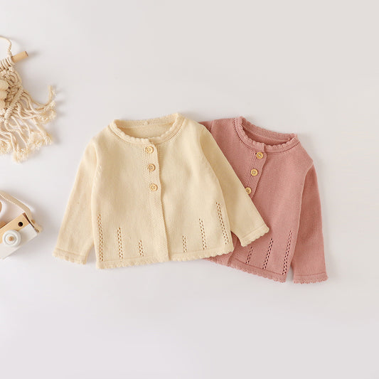 ピンクとアプリコットのベビーガール用コットンニットカーディガンを並べた写真
