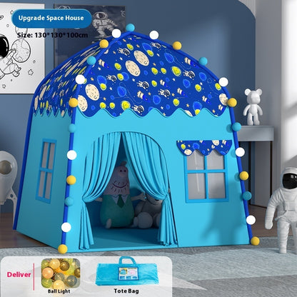 スペースブルー（ライト付き）キッズ室内テント 星柄デザイン 商品イメージ 正面
