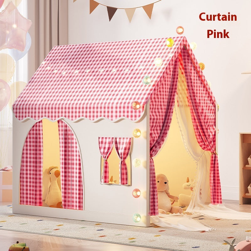 プリンセスキャッスル型キッズテント ピンク 布カーテン 室内設置イメージ
