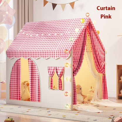 プリンセスキャッスル型キッズテント ピンク 布カーテン 室内設置イメージ

