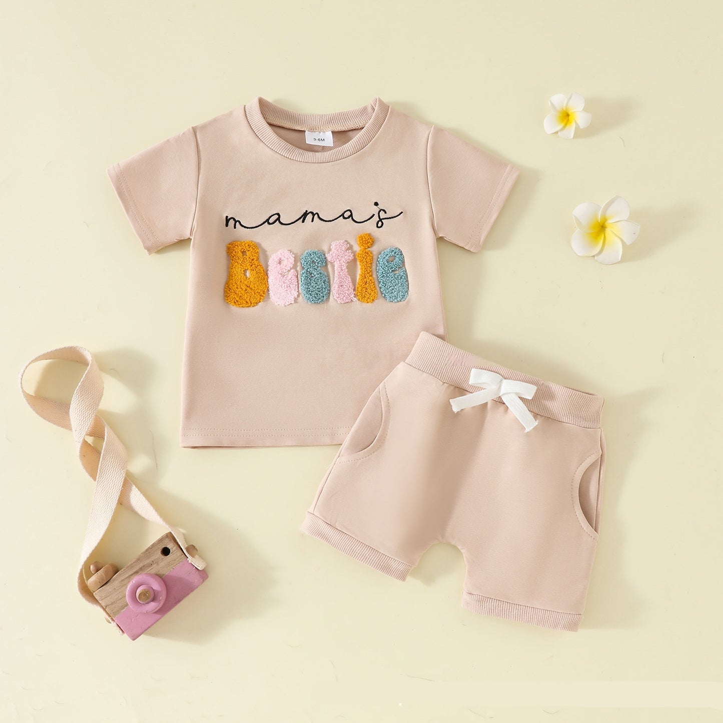 ふんわり刺繍ロゴが映える 女の子半袖トップス＆ポケット付きショートパンツ セットアップ コットン 3-6M~2-3Y