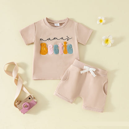 ふんわり刺繍ロゴが映える 女の子半袖トップス＆ポケット付きショートパンツ セットアップ コットン 3-6M~2-3Y