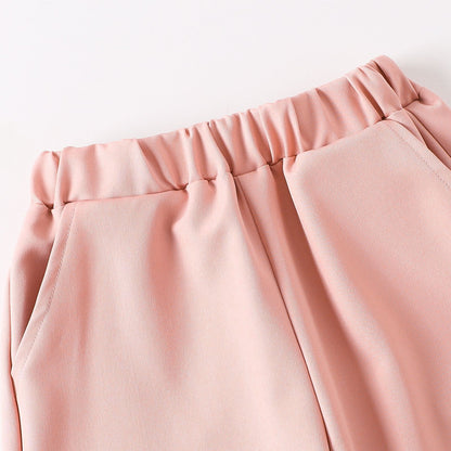 きちんと可愛くおしゃれ見えする 女の子襟付き長袖トップス＆ロングパンツ2点セット フラワーモチーフ コットン素材 ピンク 90〜140cm