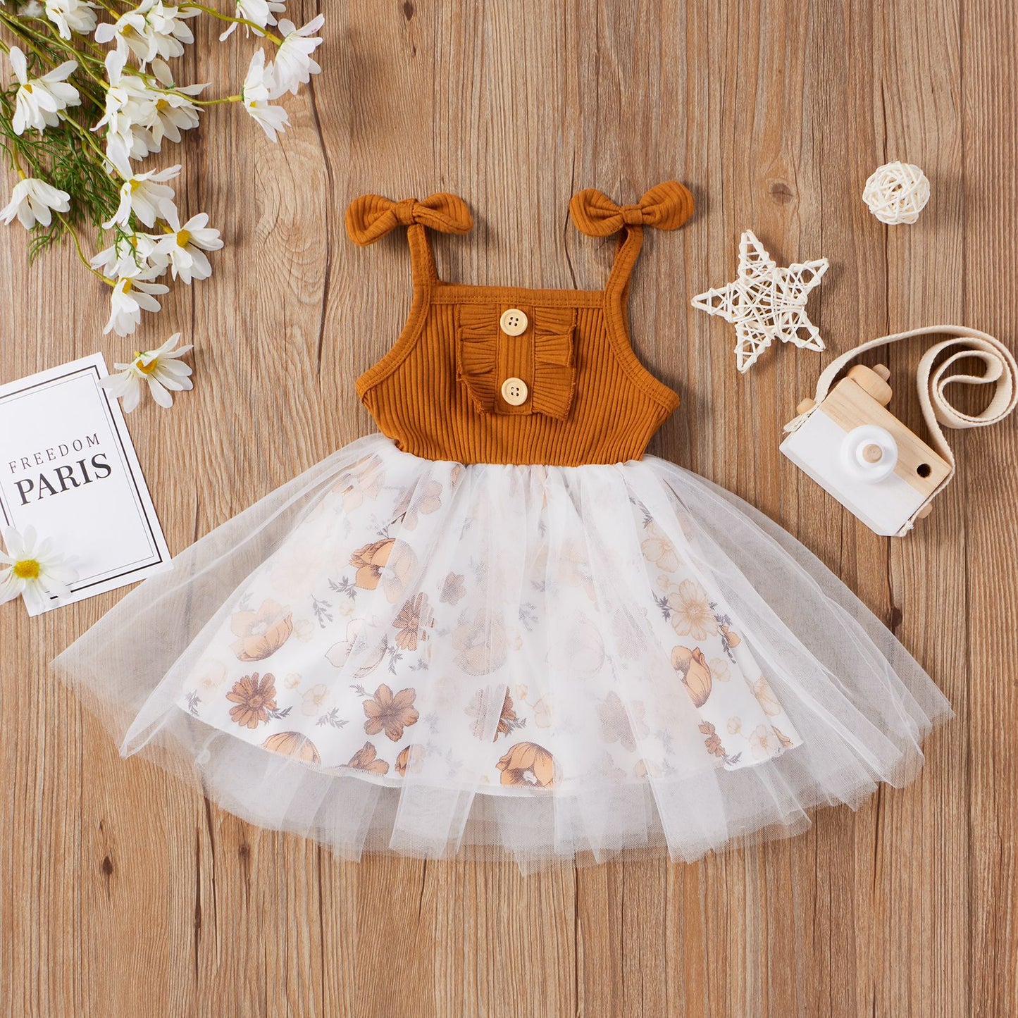 ふんわりチュールでお姫さま気分を楽しめる 女の子ジャンパースカート リボン肩紐＆リブ風トップス 花柄レイヤード コットン 80〜120cm