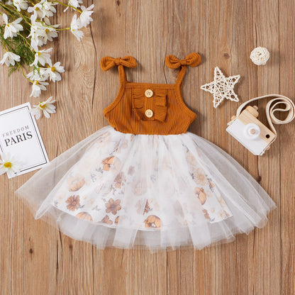 ふんわりチュールでお姫さま気分を楽しめる 女の子ジャンパースカート リボン肩紐＆リブ風トップス 花柄レイヤード コットン 80〜120cm