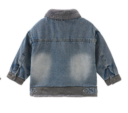 風を通しにくく冬もあたたかい 男の子デニムジャケット くまモチーフ付き ボア襟フリース裏地 綿混デニムブルー 90~150cm