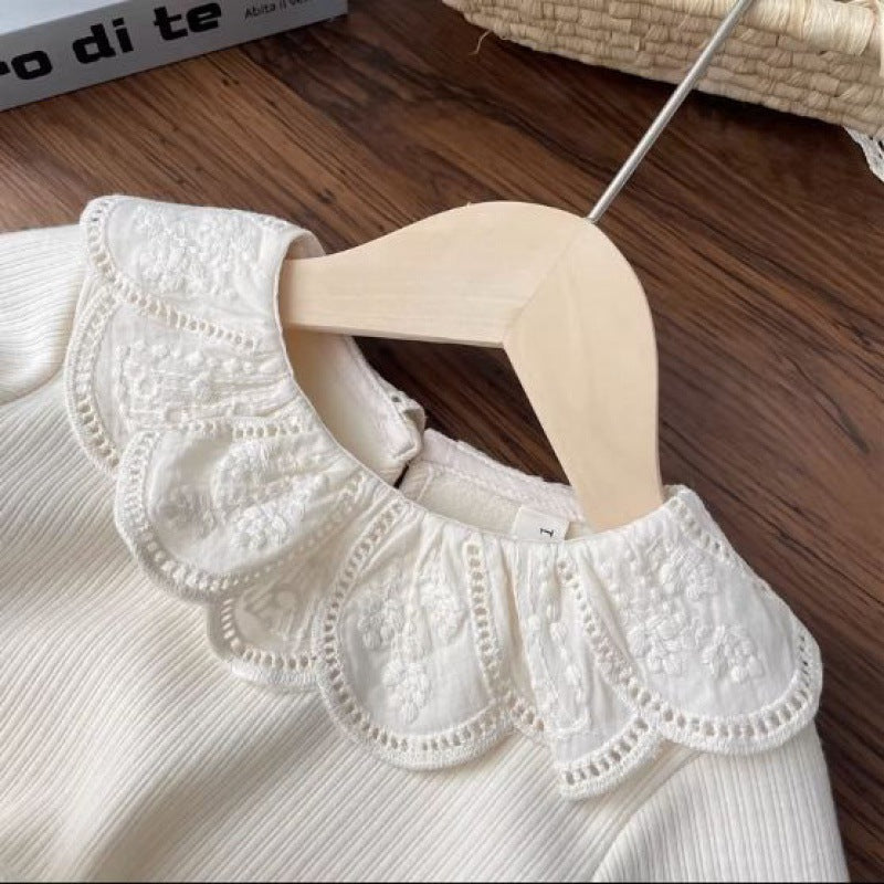 ベージュレース襟コットン裏起毛トップス | Beige Lace Collar Cotton Fleece-Lined Baby Top Lumisei Prime