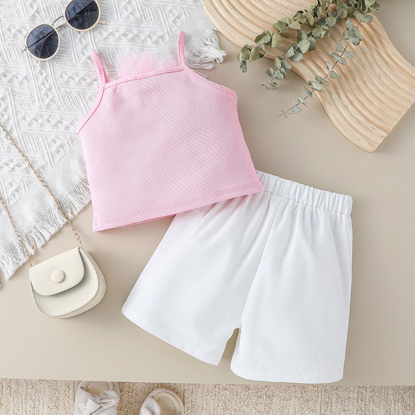 ふんわり立体フラワーで華やぐ 女の子ノースリーブキャミソールトップス×ショートパンツ 2点セット ポリエステルスパンデックス 18〜24ヶ月〜6歳