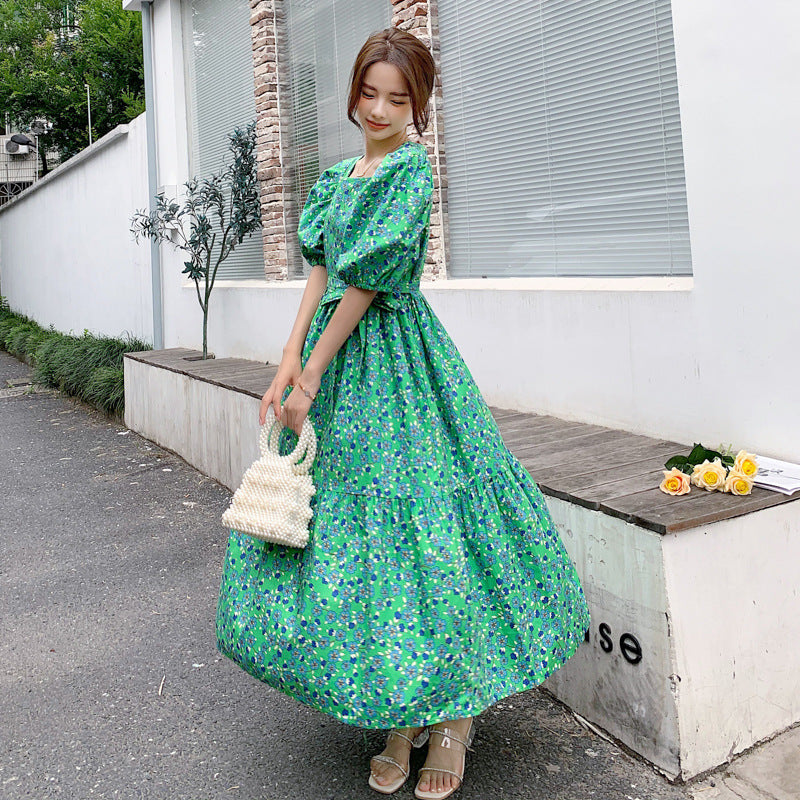 華やかに体型カバー マタニティワンピース フローラル柄 パフスリーブ スクエアネック ポリエステル素材 M〜XXL