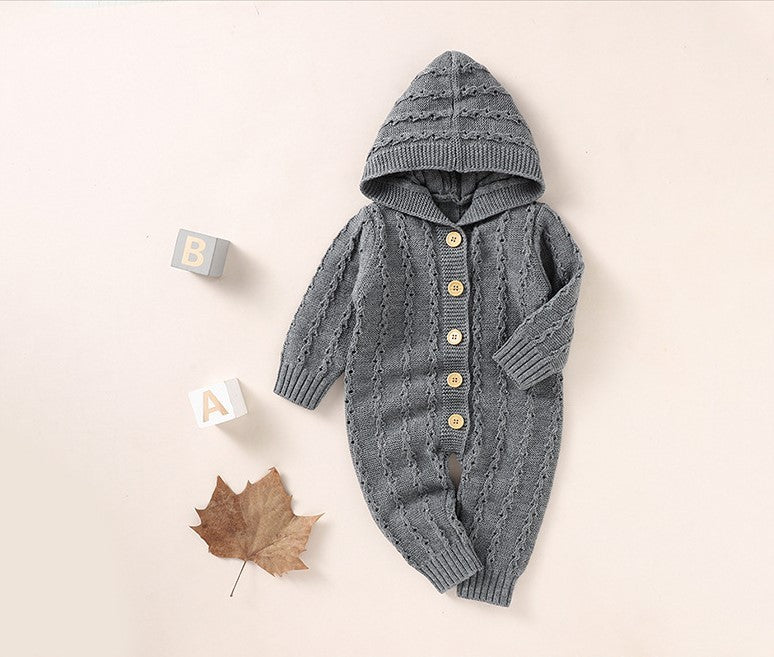 グレーとオフホワイトのユニセックスベビーニットロンパース
