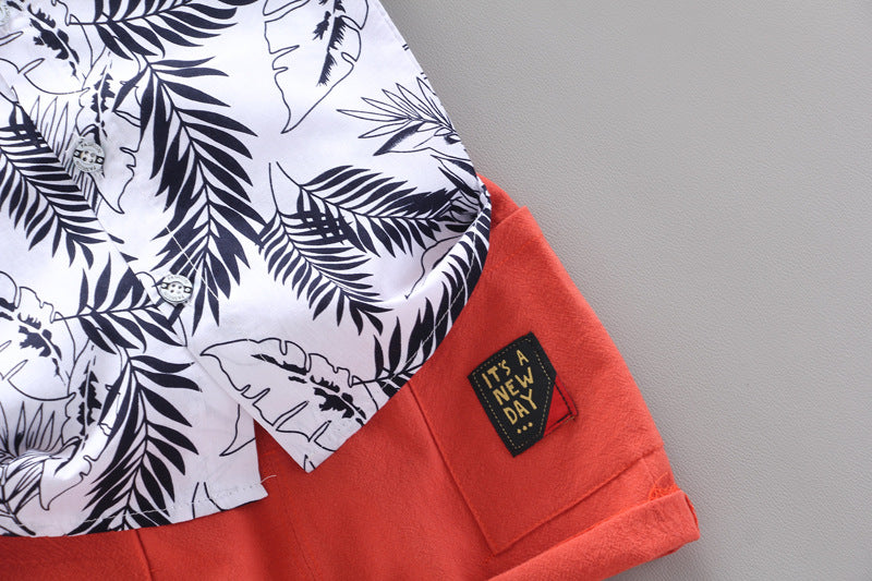 さらっと涼しく夏コーデが完成する 子どもボタニカルリーフ柄シャツ＆ショートパンツセット 韓国風デザイン コットン 80~110cm