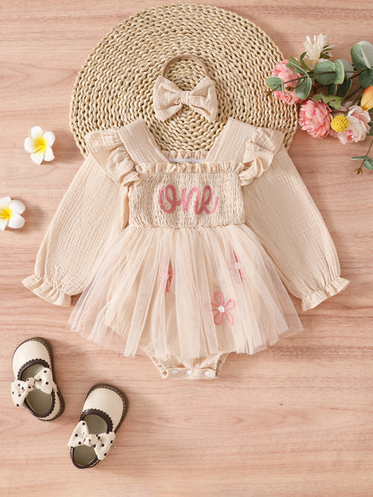 バースデーにふんわり映える 女の子長袖ロンパース チュールスカート重ね one刺繍 コットンニット ピンク・ベージュ・オリーブ 6〜18ヶ月