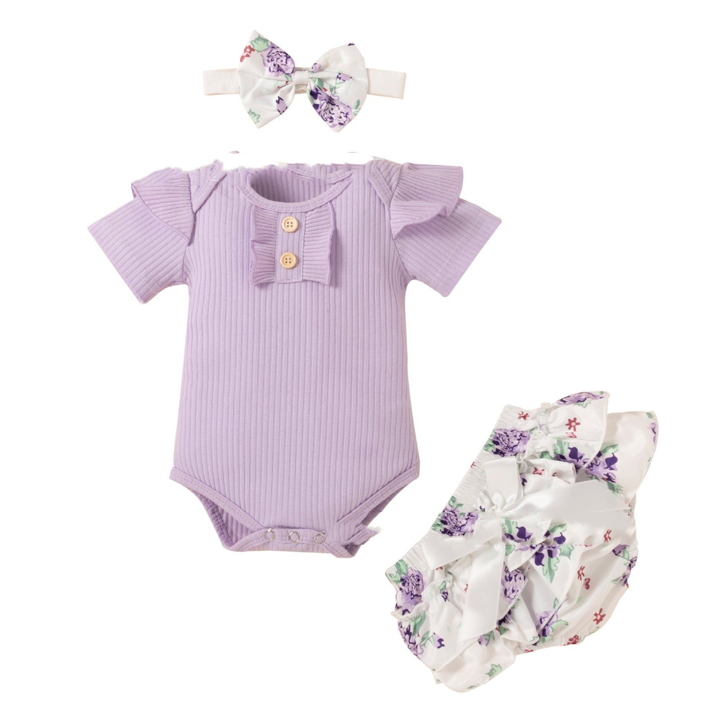 ふんわりフリル袖で写真映えする 女の子ベビー半袖ロンパース バイオレット 花柄ショートパンツ＆リボンヘアバンド付き コットン95% スナップ留め 70~100cm