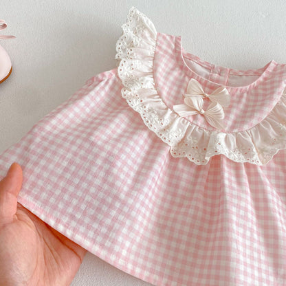 やさしいギンガムチェックとレース襟が上品に映える 女の子ノースリーブセットアップ リボン付きドールトップス＋ワイドパンツ コットン チェリーピンク 1〜6歳