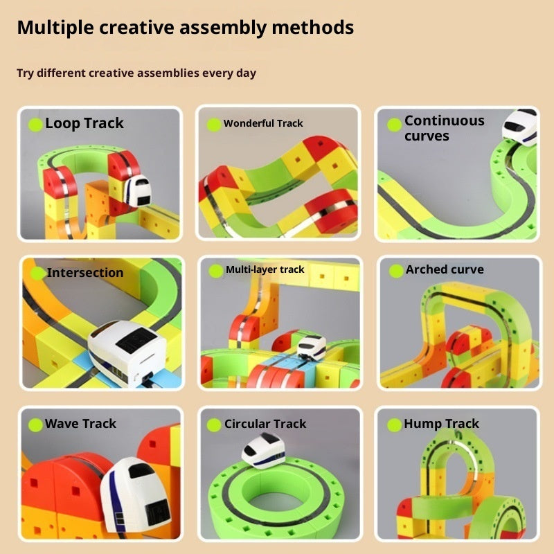 高低差のある立体レールコース全体とソファの前に置かれたマグネットトラックセット
