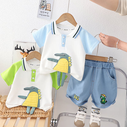 きちんと見えで動きやすい 男の子ポロシャツセットアップ アニマルカートゥーン 刺繍アップリケ コットン 80〜130cm