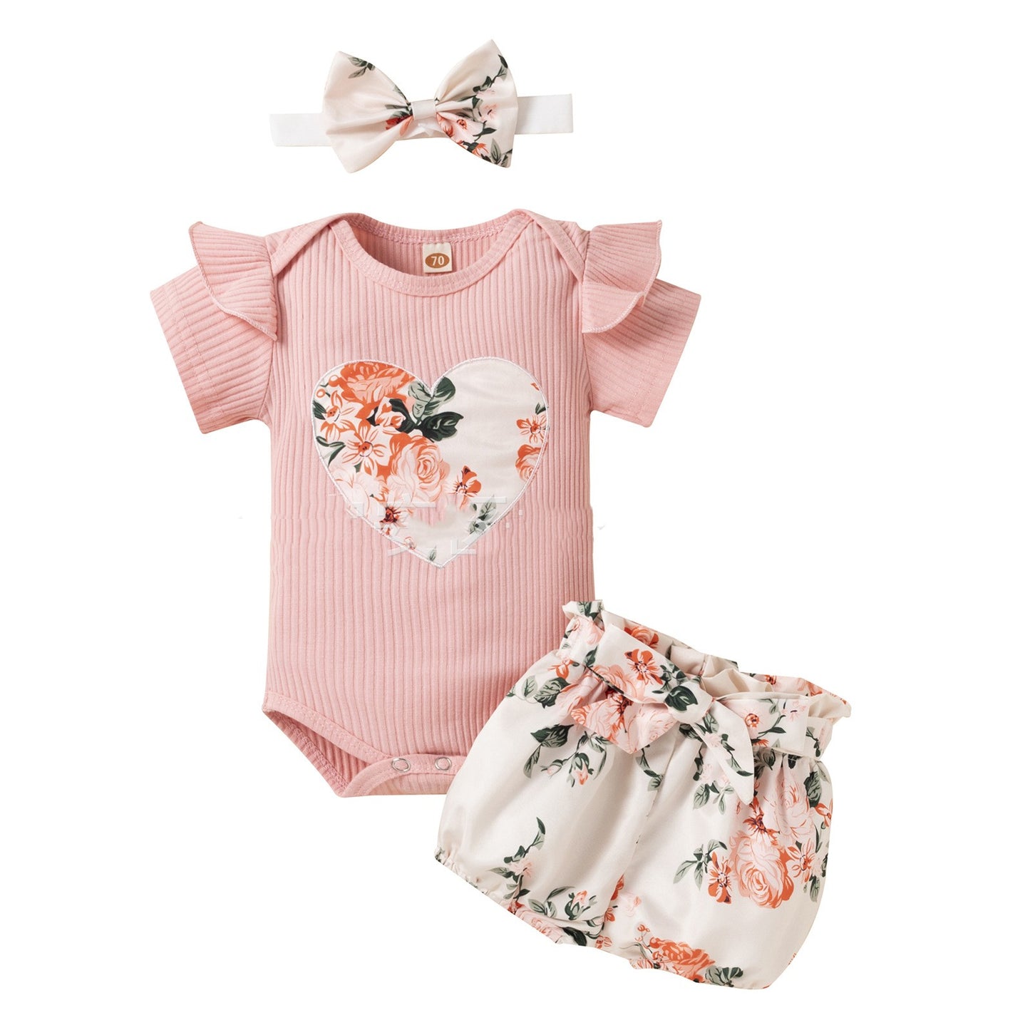 ふんわりフリル袖が可愛い 女の子ベビーロンパース 花柄ハートアップリケ コットン95% ショートパンツ＆ヘアバンド付き 70~100cm