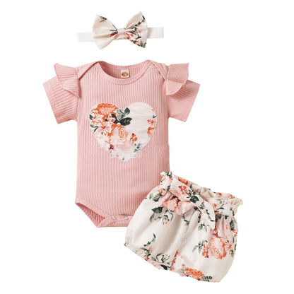 ふんわりフリル袖が可愛い 女の子ベビーロンパース 花柄ハートアップリケ コットン95% ショートパンツ＆ヘアバンド付き 70~100cm