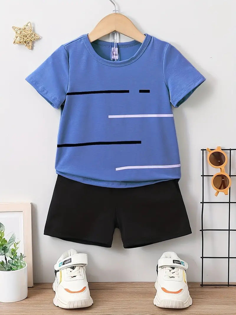 さらっと快適に夏を走れる 男の子スポーティー上下セット 半袖Tシャツ＆ショートパンツ 配色ラインデザイン ポリエステル吸汗仕様 100〜160cm