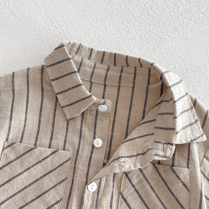 さらっと涼しくきちんと見えが叶う 子ども半袖シャツ＆ショートパンツセット ストライプ柄 コットン アプリコット 80〜120cm