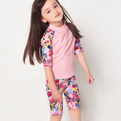 女の子用ピンク 日差し対策スイムUVセット 上下セパレート（長袖トップス＋スイムレギンス）フラワープリント 90・120・130・140・150cm