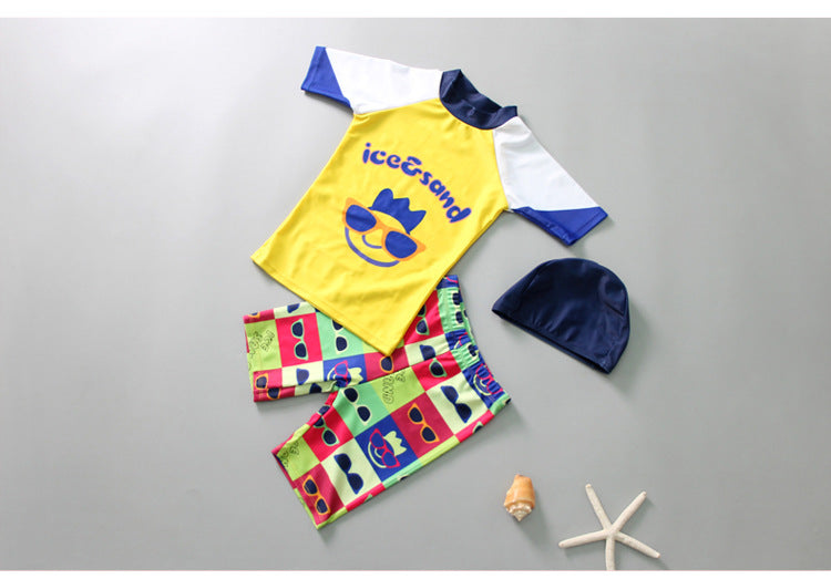 【100〜140cm】帽子付き キッズUVラッシュガード上下3点セット（長袖トップス＋ロングパンツ）高伸縮スリムフィット カートゥーン柄