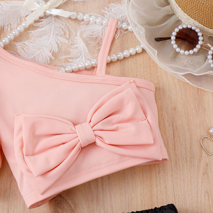 特別感がさらりと叶う 女の子ワンショルダートップス＆立体フラワーチュールスカートセット パフスリーブ大きめリボン コットン混 4~7歳