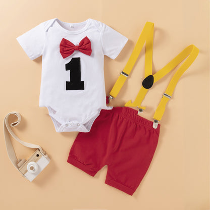 はじめての特別日が可愛く決まる ベビー半袖ロンパース＆サスペンダーショーツ3点セット 数字1アップリケ 蝶ネクタイ付き コットン素材 80〜100cm