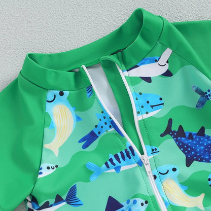 帽子付きベビーラッシュガード上下3点セット グリーン海のいきもの柄 フロントジップ 半袖 0～6ヶ月～3～4歳 水遊び用スイムウェア