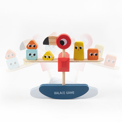 木製バランス積み木ゲームの正面全体写真とピースの並び
