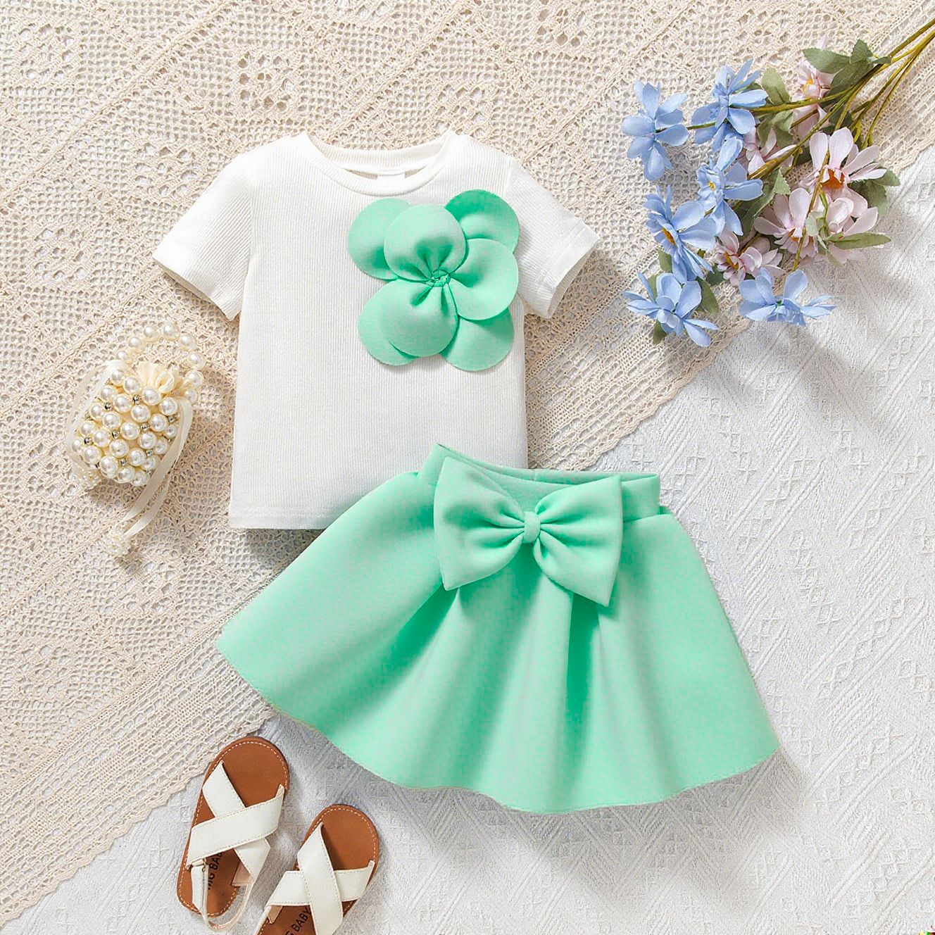 おでかけが華やぐ 女の子フラワーモチーフ半袖トップス＆リボンパフスカートセットアップ コットン 9-12ヶ月〜3-4歳