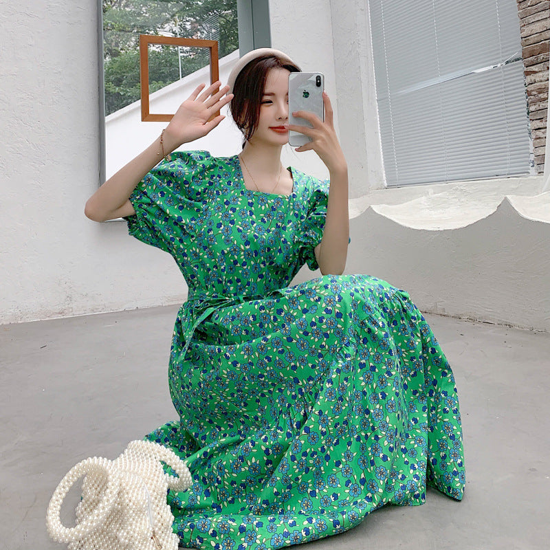 華やかに体型カバー マタニティワンピース フローラル柄 パフスリーブ スクエアネック ポリエステル素材 M〜XXL