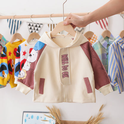 フロントジップ付きベビーコーデュロイジャケットの胸元ディテールのクローズアップ
