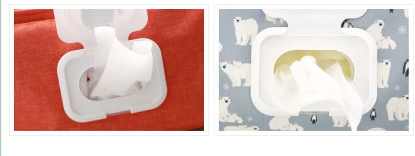 前面フタからウェットシートを取り出せる構造のクローズアップ（ベビーカー収納バッグ）
