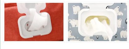 前面フタからウェットシートを取り出せる構造のクローズアップ（ベビーカー収納バッグ）
