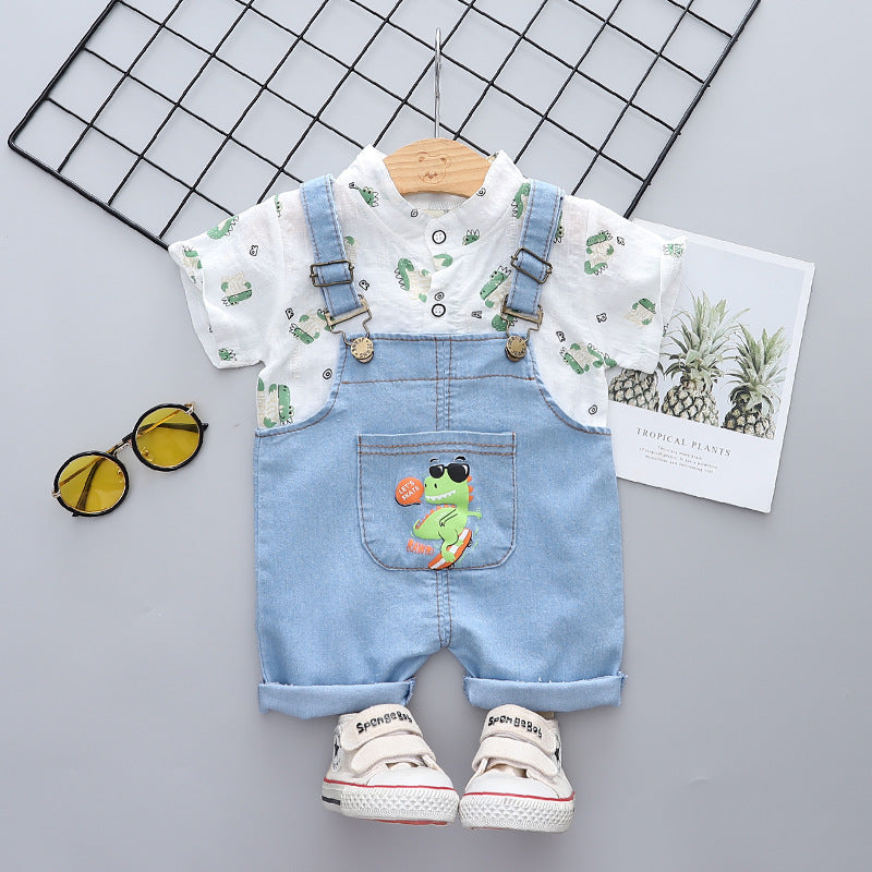 夏のおでかけがきちんと可愛く決まる 男の子半袖シャツ＆デニムサロペットショーツ上下セット 恐竜プリント コットン 80~110cm