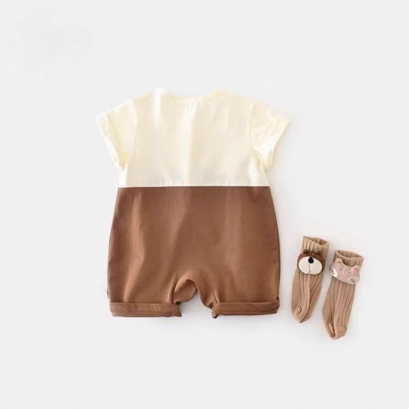 毎日がもっと可愛くなる 赤ちゃん半袖ロンパース キリンモチーフ オーバーオール風デザイン コットン 66~90cm