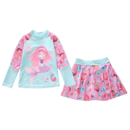 キッズ女の子 マーメイド柄 長袖ラッシュガード上下セット スカート付きセパレート UV対策 速乾ポリエステル 3〜13歳