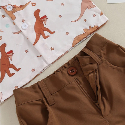 元気に動けてきちんと見えも叶う 男の子半袖シャツ＆恐竜柄デザイン上下セット コットン 80〜120cm