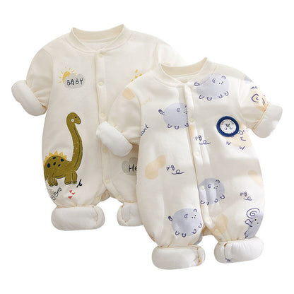 前開きデザインのベビー用厚手ロンパースディスプレイ
