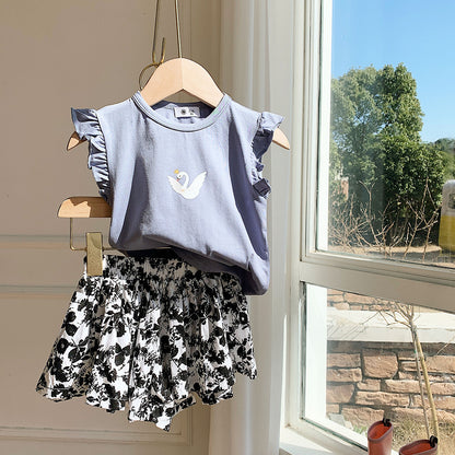 涼しげフリル袖で夏コーデが可愛く整う 女の子トップス＆花柄ショートパンツ2点セット コットン 90~140cm