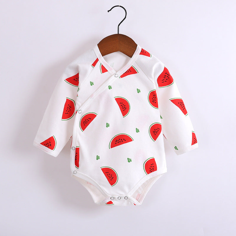 すいか柄の長袖コットン打ち合わせロンパース ポップな総柄プリント
