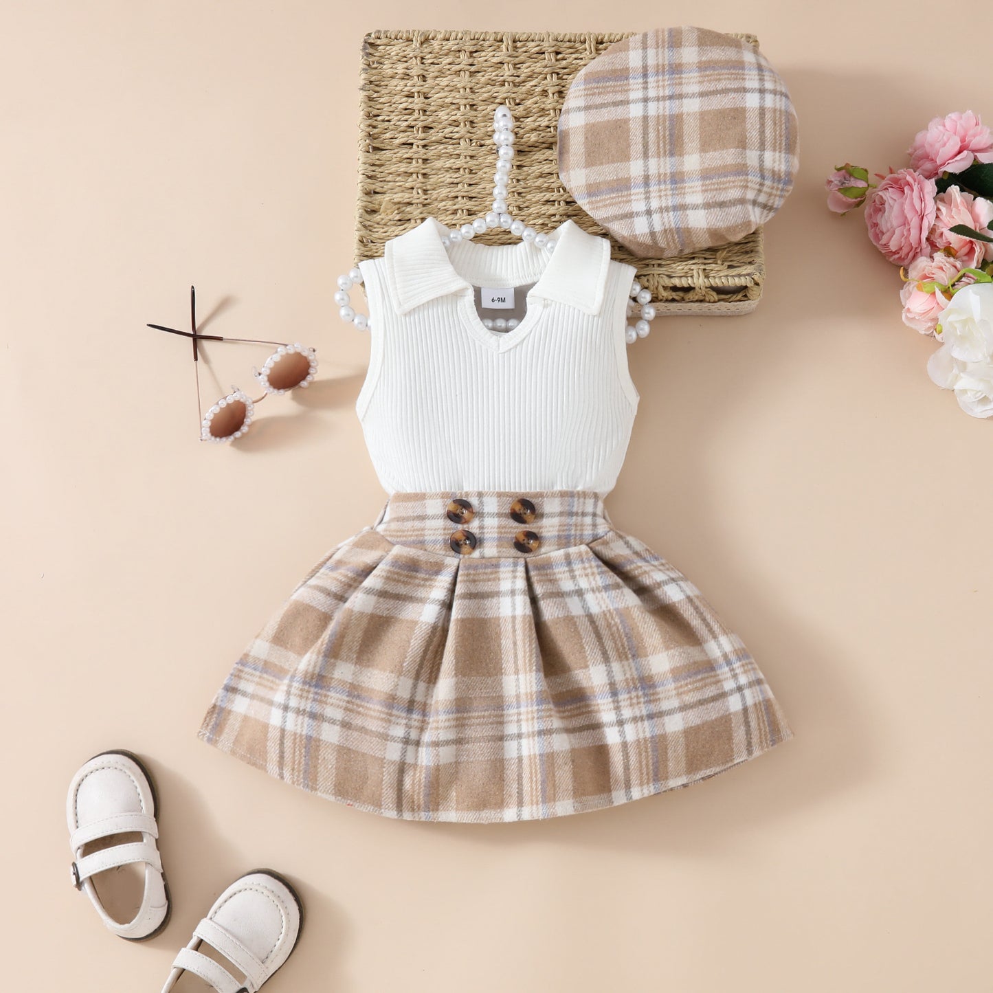 上品コーデが一枚で完成する 女の子ベレー帽付きトップス&スカート3点セット チェック柄・無地デザイン コットンニット 6〜24ヶ月・3歳