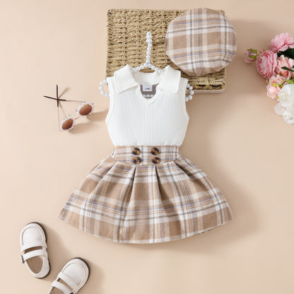 上品コーデが一枚で完成する 女の子ベレー帽付きトップス&スカート3点セット チェック柄・無地デザイン コットンニット 6〜24ヶ月・3歳