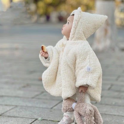 くまモチーフのフード付きベビーポンチョ コーヒーカラー
