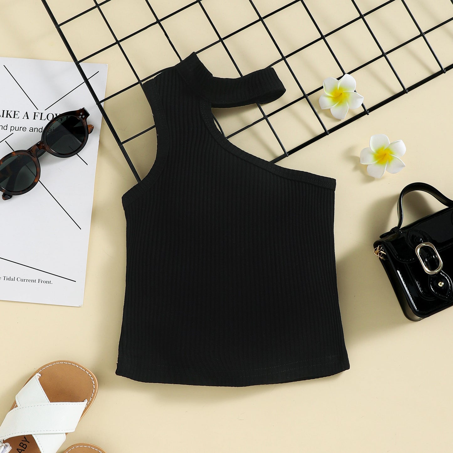 涼しくきれい見えが叶う 女の子ワンショルダートップス＆ショートパンツセット リブ×コットン素材 90~130cm