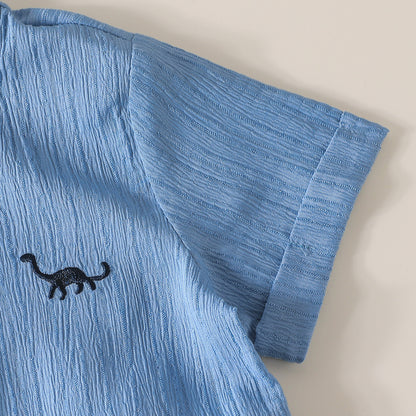 さらっと涼しくきちんと見えが叶う 男の子半袖シャツ＆ショートパンツセット 恐竜刺繍 シンプルブルー ポリエステル 6〜9ヶ月〜2〜3歳