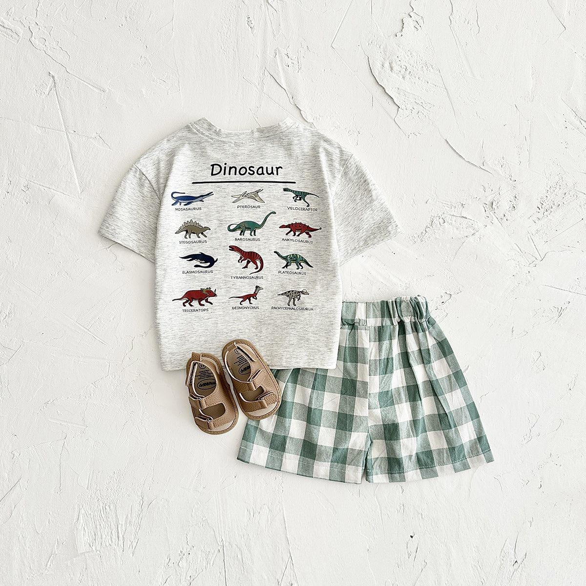 さらっと涼しく動きやすい 子ども半袖Tシャツ＆ショートパンツ上下セット 恐竜プリント×チェック柄 コットン 6〜9ヶ月〜2〜3歳