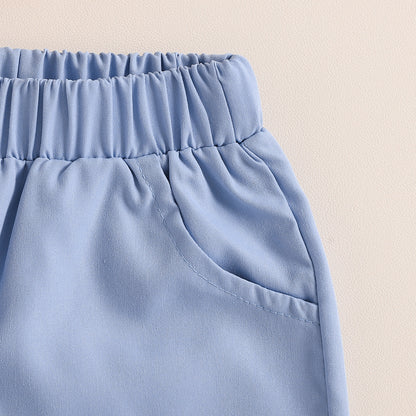 きちんと見えで夏のおしゃれが決まる 男の子ジェントルマン風半袖シャツ＆ショートパンツセット ポップ総柄プリント 蝶ネクタイ付き コットン 6〜12ヶ月〜4〜5歳